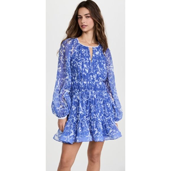 Jonathan Simkhai Harlowe Blouson Mini Dress Floral Print Pleated Keyhole Neck - Picture 2 of 11
